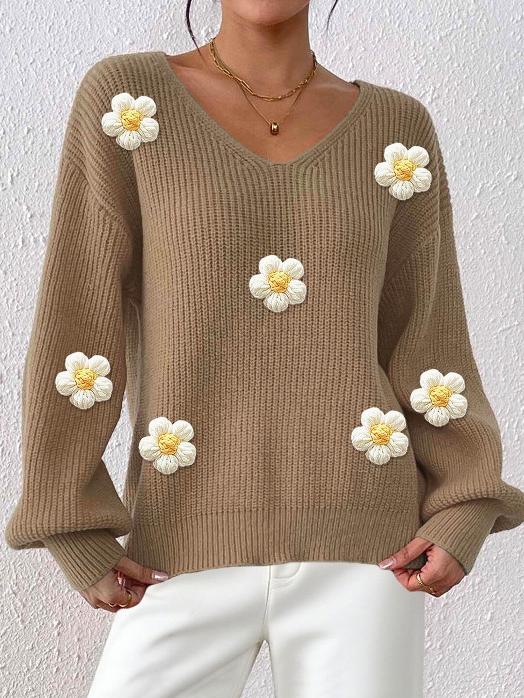 Women Floral Ribbed Pullover with Applique Detail