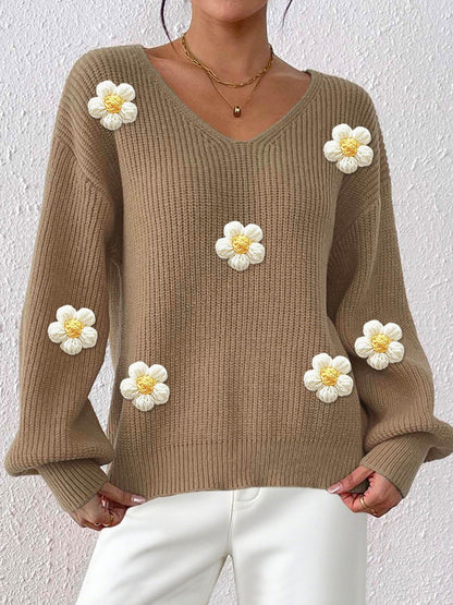 Women Floral Ribbed Pullover with Applique Detail