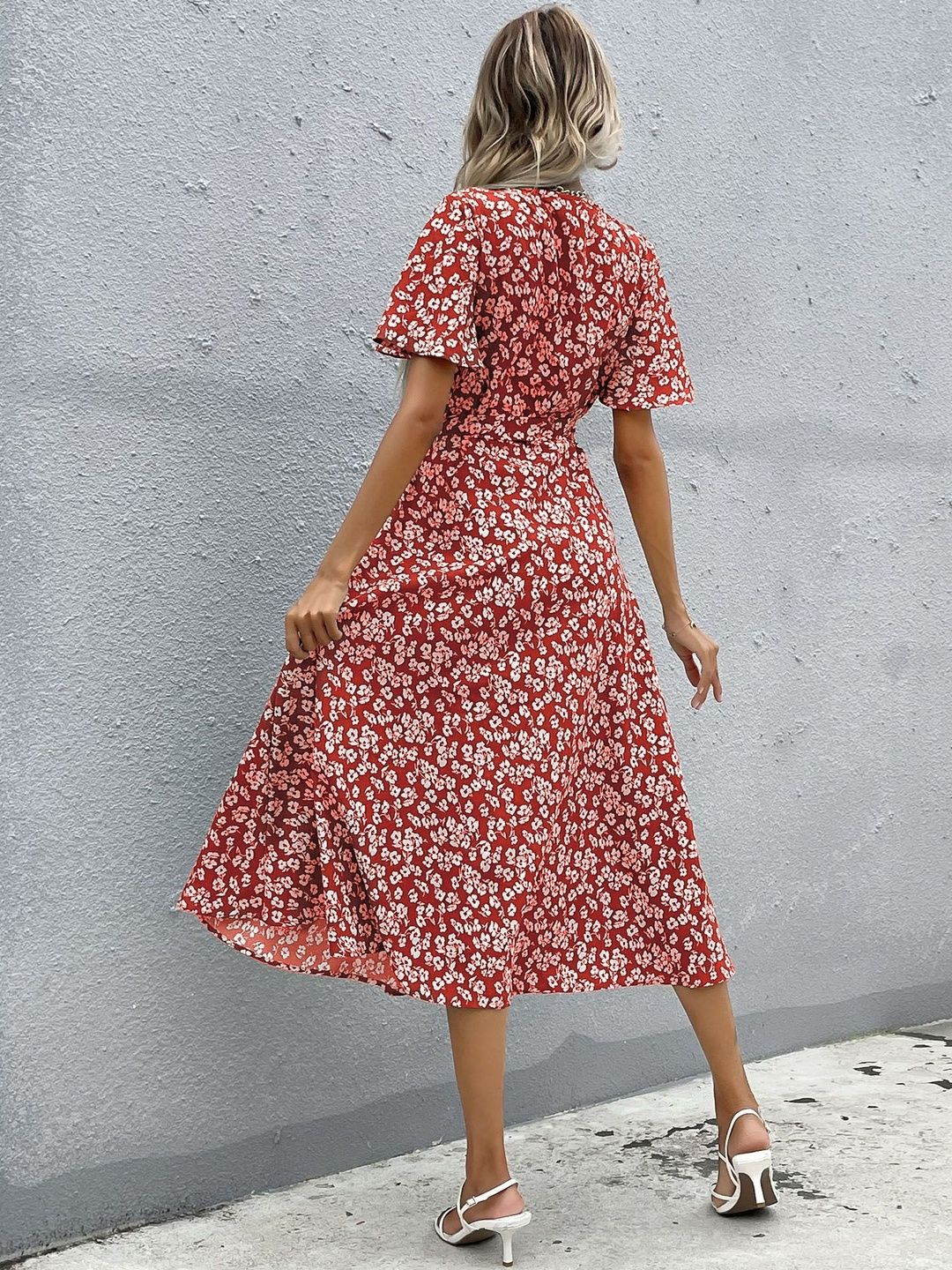 Floral Print Flared Sleeve Midi Dress