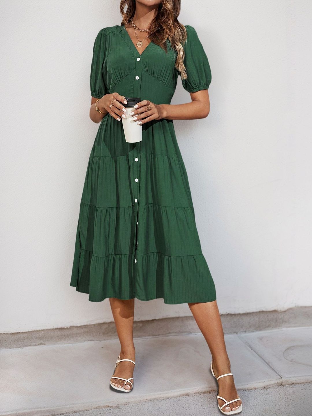 Puff Sleeve Fit & Flare Midi Dress