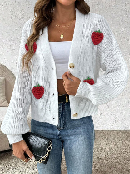 Crop Cardigan with Applique Detail in White acrylic Long Sleeve - Nowi Korean Fashion