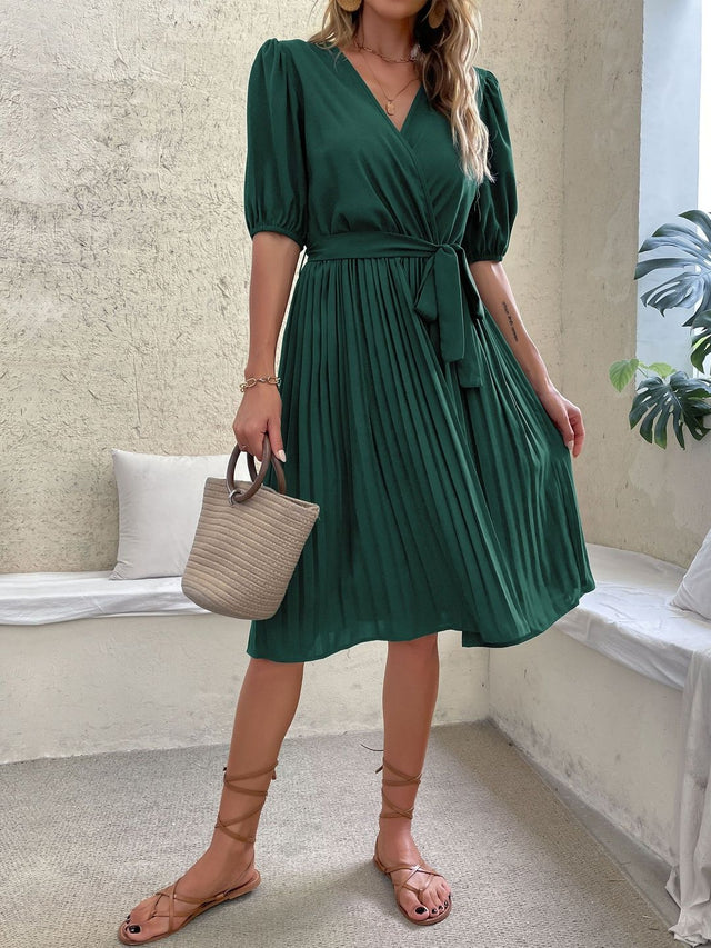 Puff Sleeve Dress in Green polyester - Nowi Korean Fashion
