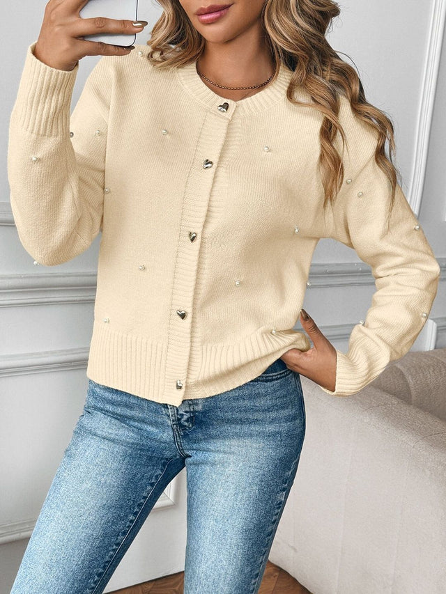 Woollen Cardigan with Embellished Detail in Beige - Nowi Korean Fashion