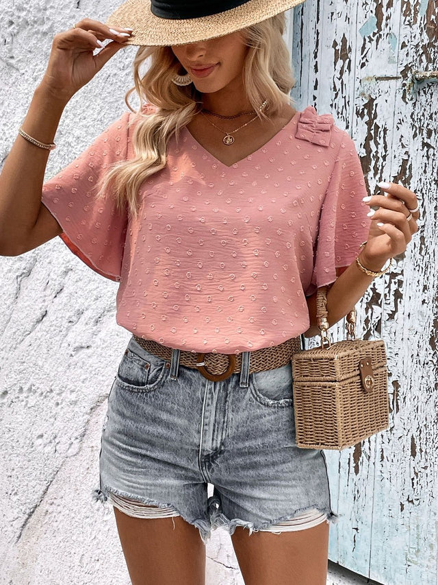 Flutter Sleeve Ruffles Cotton Top in Pink - Nowi Korean Fashion