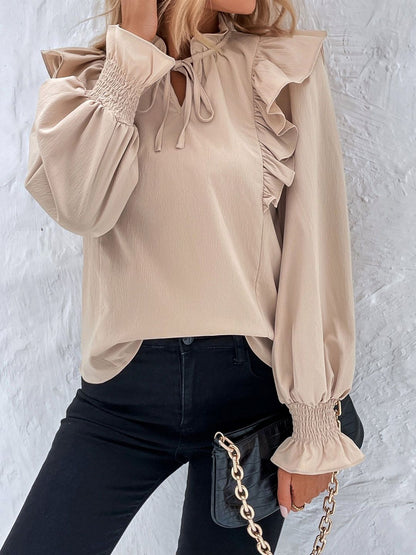 Women's Beige Bishop Sleeves Ruffles Top