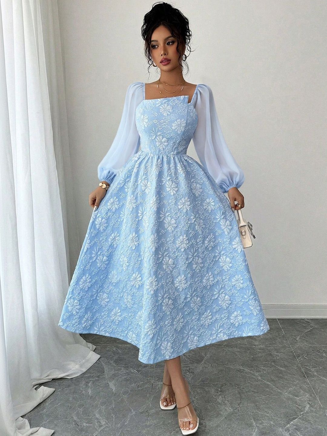 Puff Sleeve Fit & Flare Midi Dress in Blue polyester - Nowi Korean Fashion