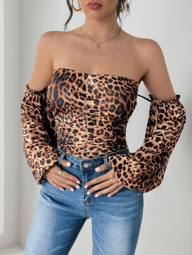 Printed Off-Shoulder Bodysuit in Brown polyester - Nowi Korean Fashion