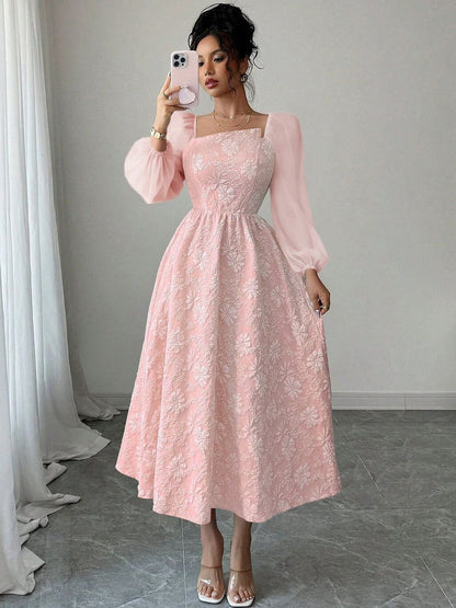 Floral Print Puff Sleeve Fit & Flare Midi Dress