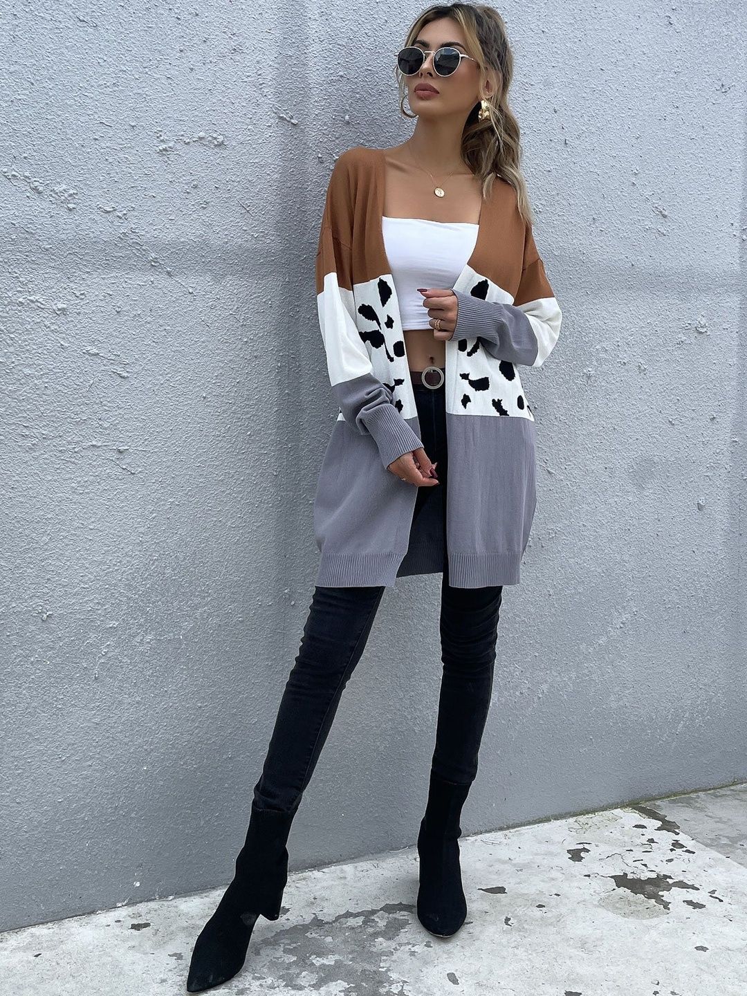 Women's Brown Colourblocked Cardigan Blend Printed