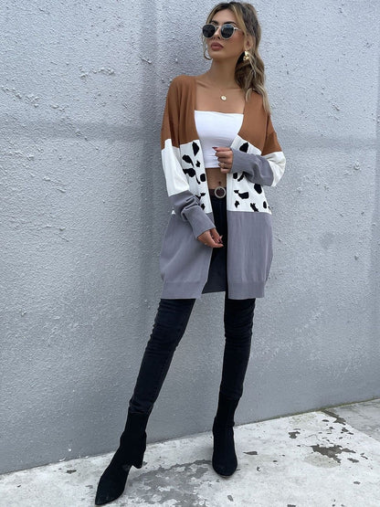 Women's Brown Colourblocked Cardigan Blend Printed