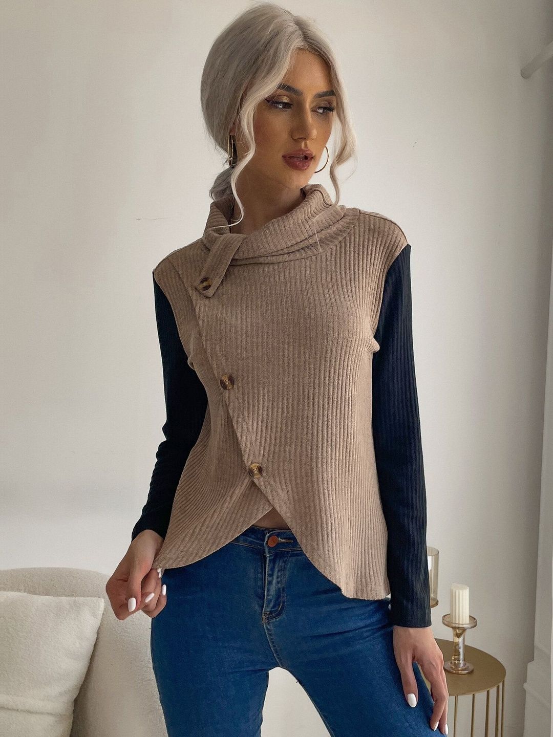 Women's Brown Ribbed Cowl Neck Sweater