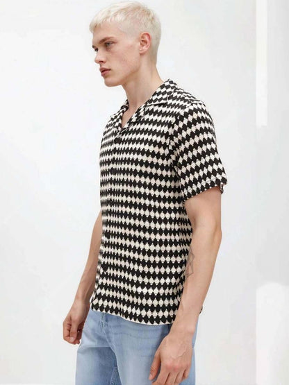 Chevron Printed Cuban Collar Cotton Casual Shirt