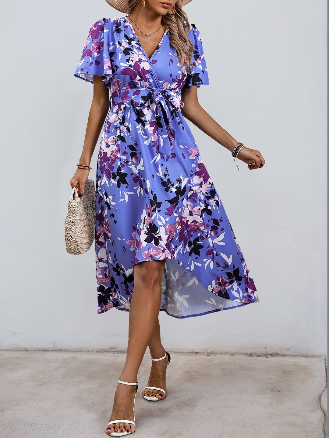 Floral Print Flutter Sleeve Midi Dress