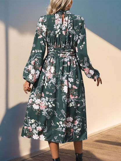 Women's Green Floral Print Fit & Flare Midi Dress Blend