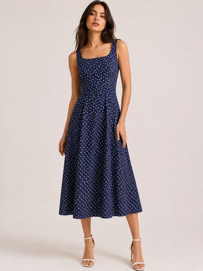 Polka Dot Print Satin A-Line Midi Dress