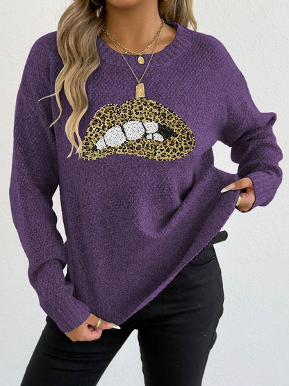 Animal Printed Pullover with Embellished Detail in Purple acrylic - Nowi Korean Fashion