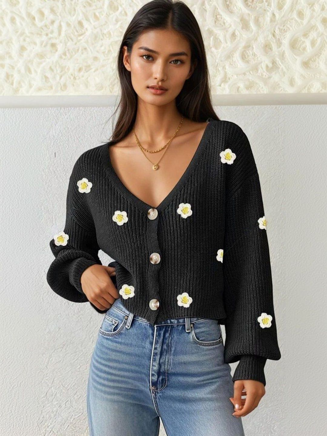Floral Crop Cardigan with Embroidered Detail in Black acrylic - Nowi Korean Fashion