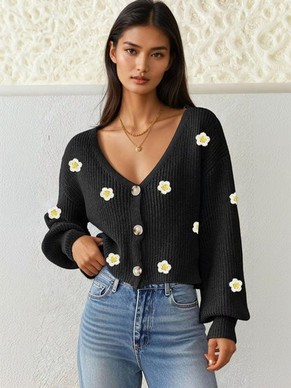 Floral Crop Cardigan with Embroidered Detail in Black acrylic - Nowi Korean Fashion