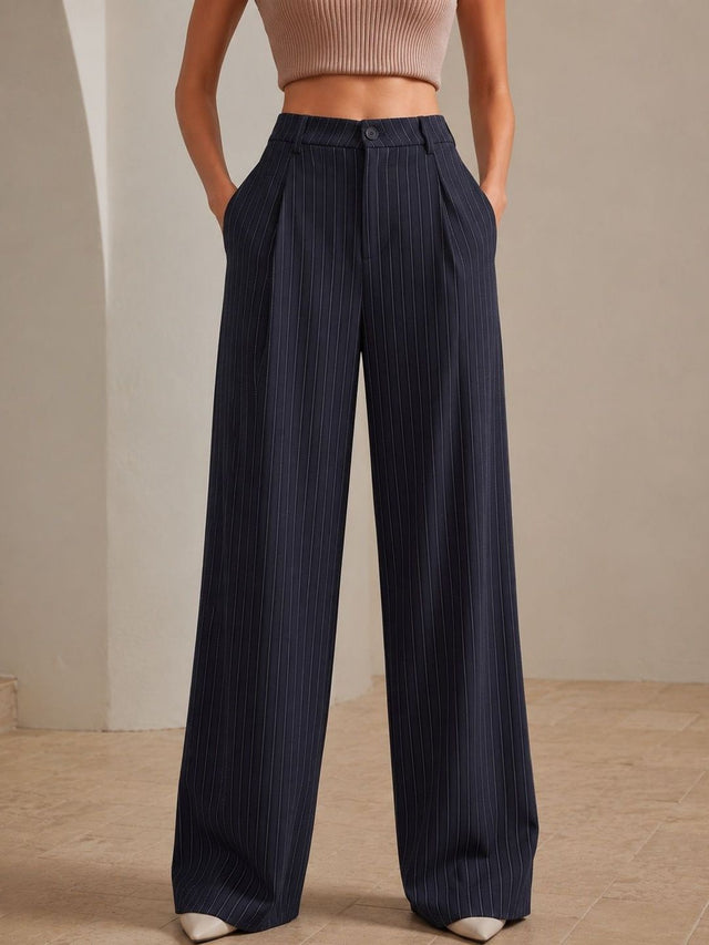 Women Striped Relaxed High-Rise Easy Wash Pleated Trousers