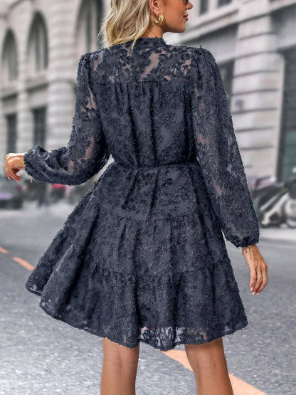 Women's Black Puff Sleeve A-Line Dress Blend Printed