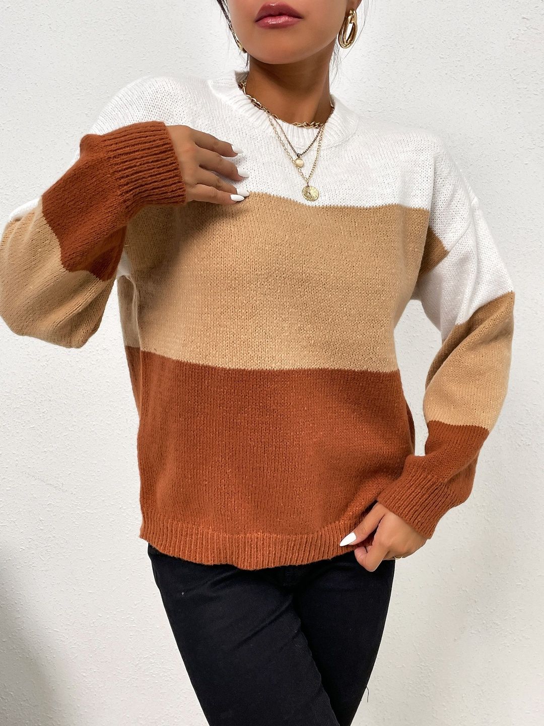 Women's Brown Colourblocked Pullover Blend Printed