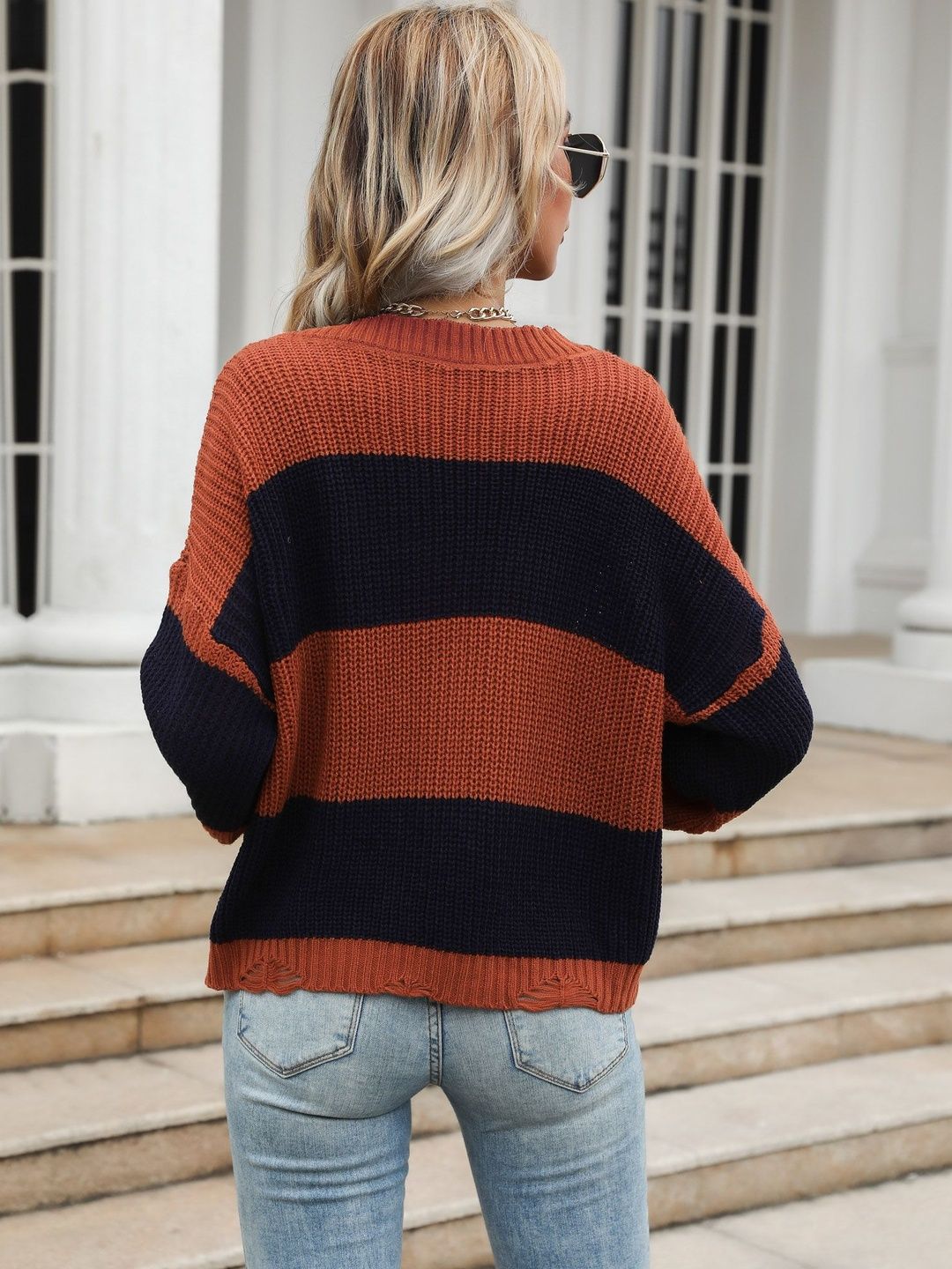 Women's Orange Striped Pullover Blend Regular Fit