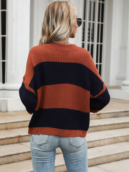 Women's Orange Striped Pullover Blend Regular Fit