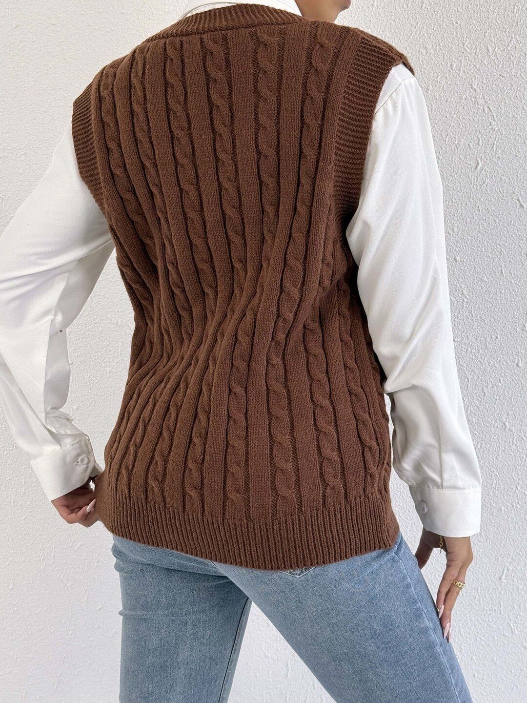 Women Cable Knit Ribbed Sweater Vest with Embroidered Detail