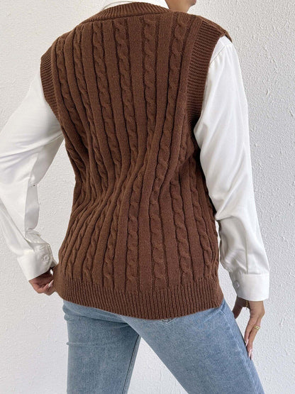 Women Cable Knit Ribbed Sweater Vest with Embroidered Detail
