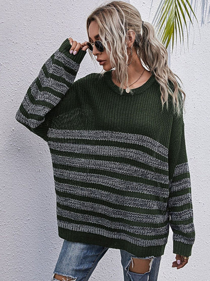 Women's Green Striped Pullover Blend Regular Fit