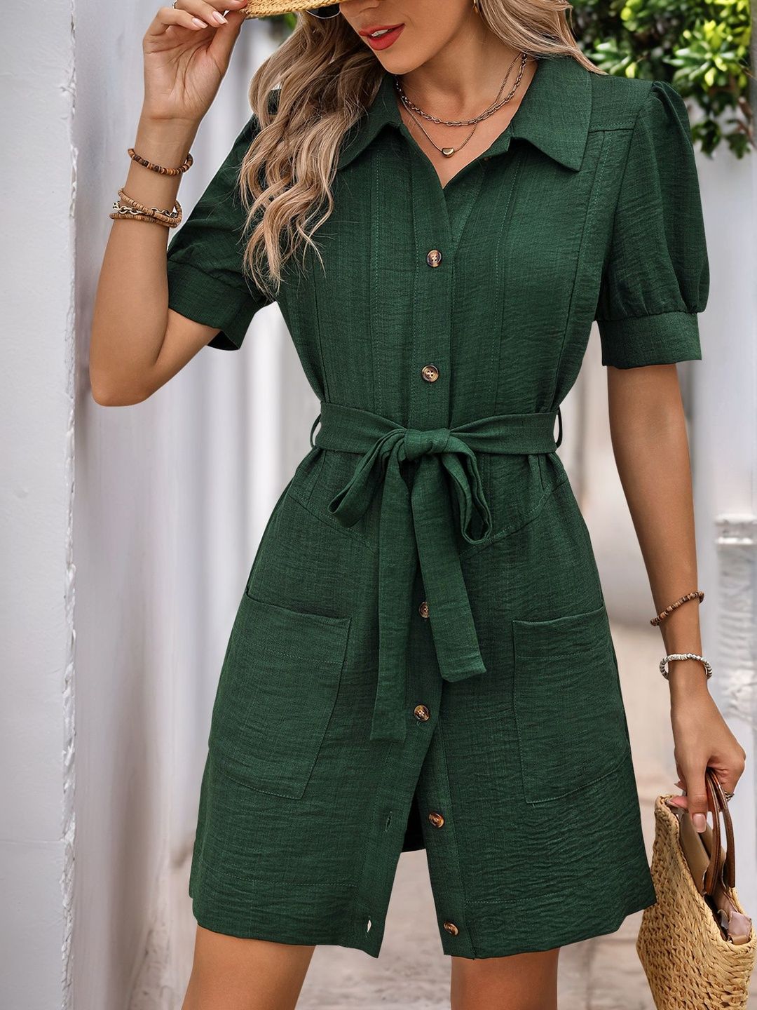 Puff Sleeve Shirt Dress in Green other - Nowi Korean Fashion