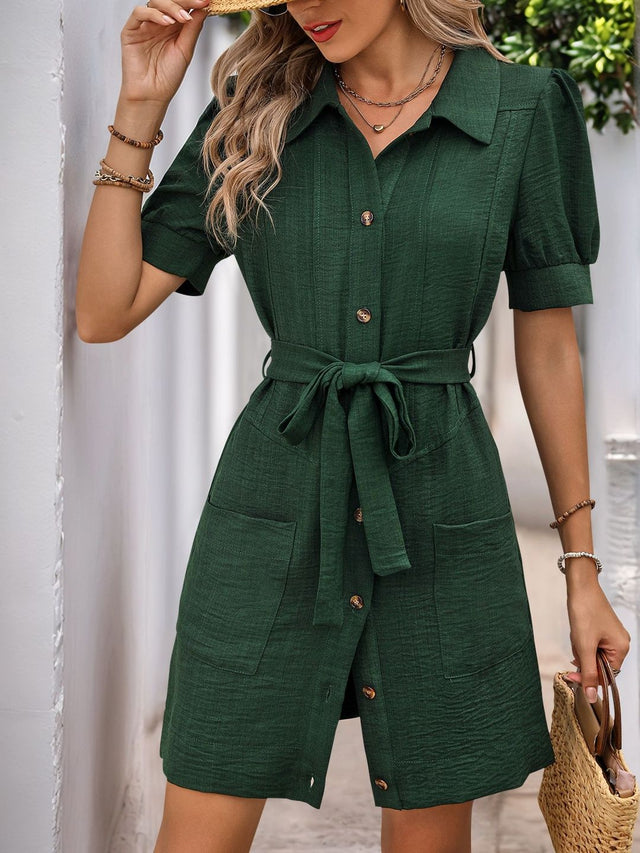 Puff Sleeve Shirt Dress in Green other - Nowi Korean Fashion