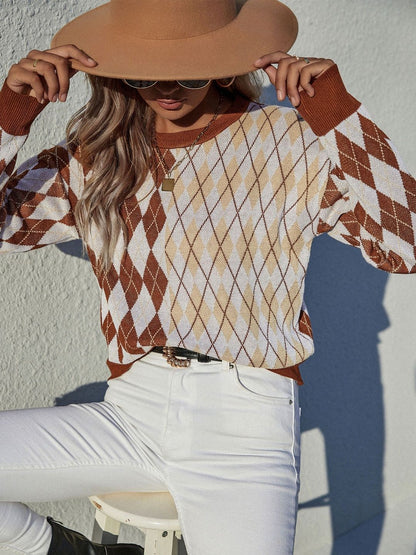 Women's Brown Argyle Checked Pullover