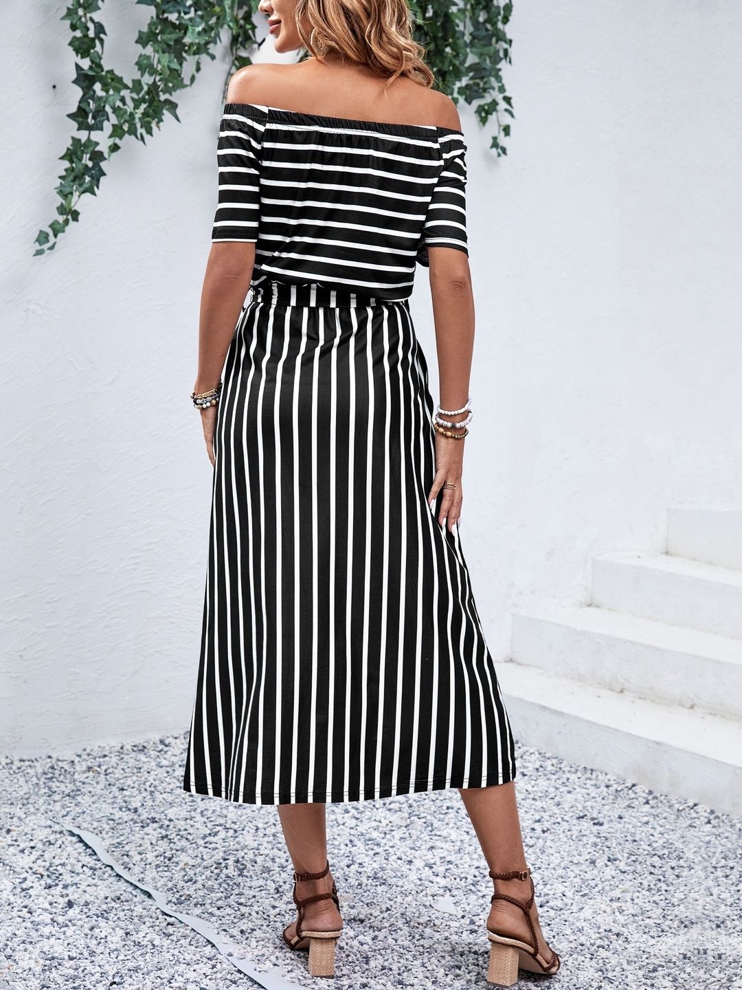 Striped Off-Shoulder A-Line Midi Dress