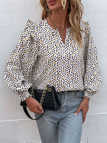 Chic Printed Top with Puff Sleeves in White - Nowi Korean Fashion
