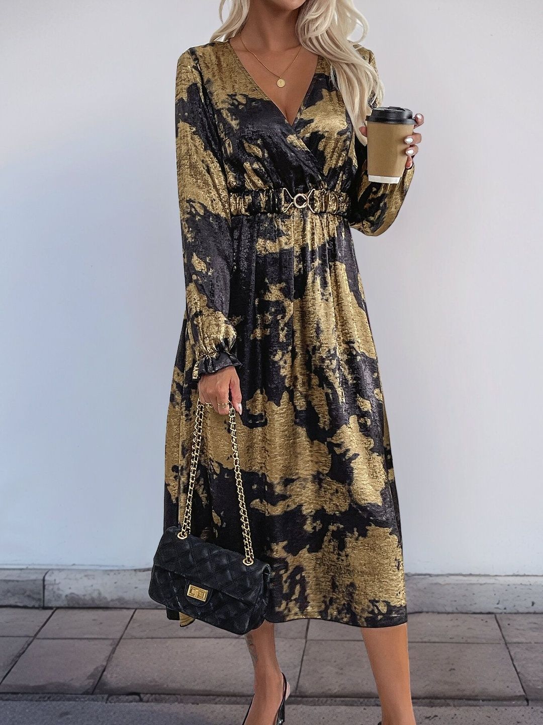 Print Midi Dress in Gold - Nowi Korean Fashion