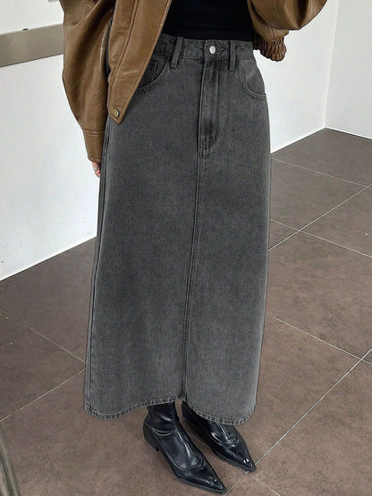 NOWI Women High Rise Back Slit Denim Straight Midi Skirt