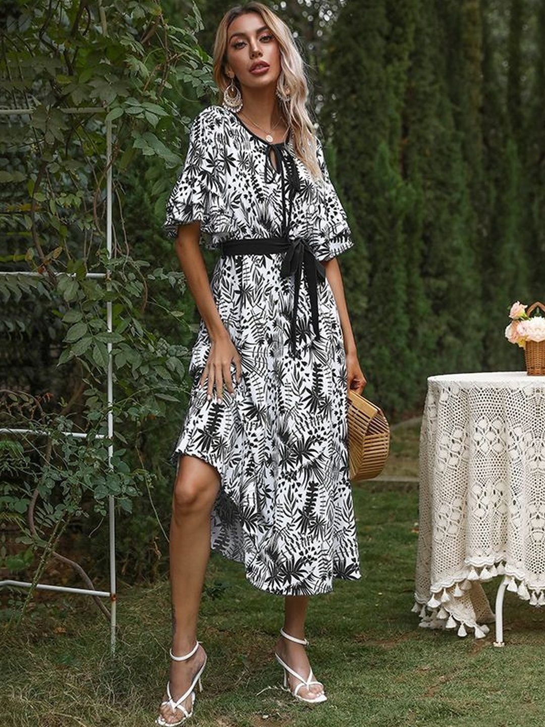 Floral Print Flared Sleeve A-Line Midi Dress