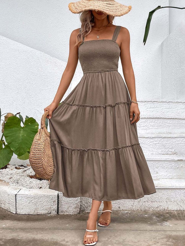 A-Line Midi Dress in Brown polyester - Nowi Korean Fashion