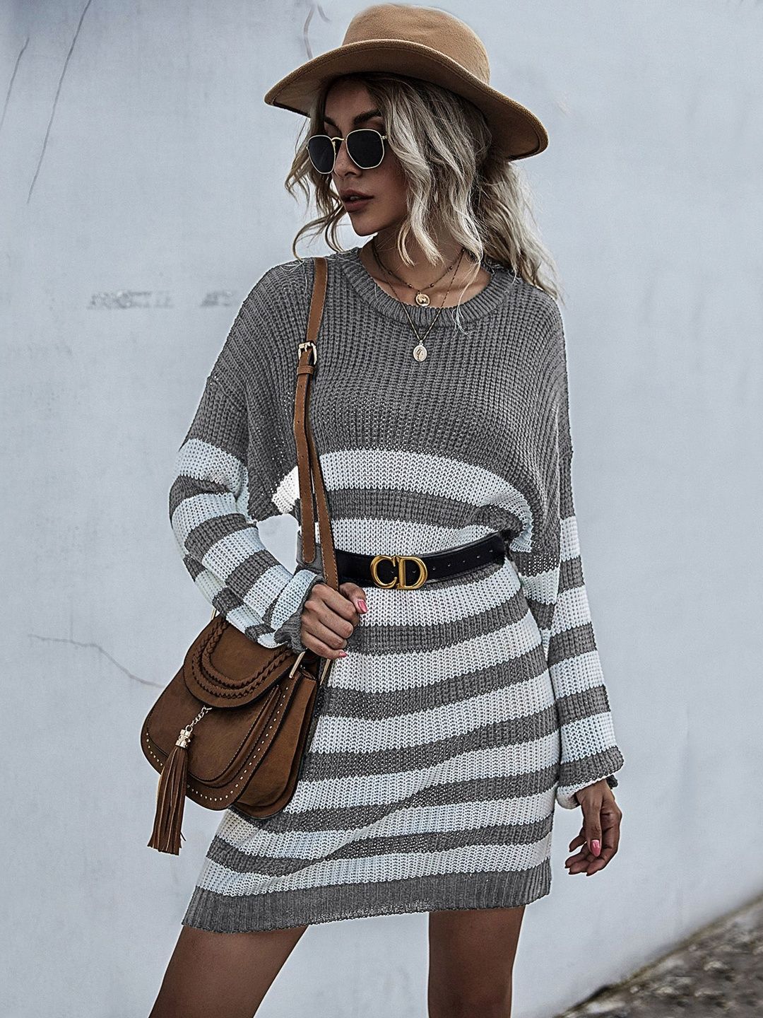 Women's Grey Striped Pullover Blend Regular Fit