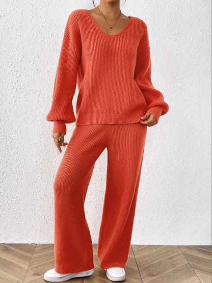 Orange Knitted V-Neck Sweater with Trousers