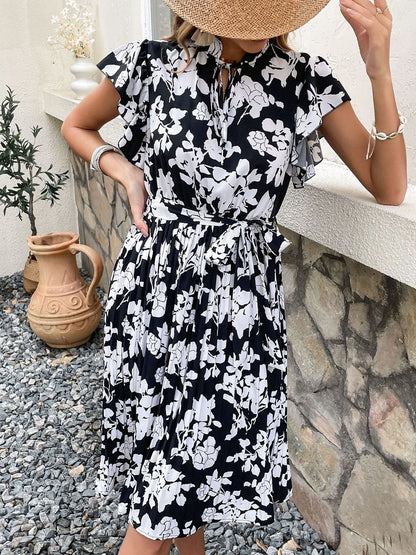 Floral Print Flutter Sleeve Fit & Flare Dress