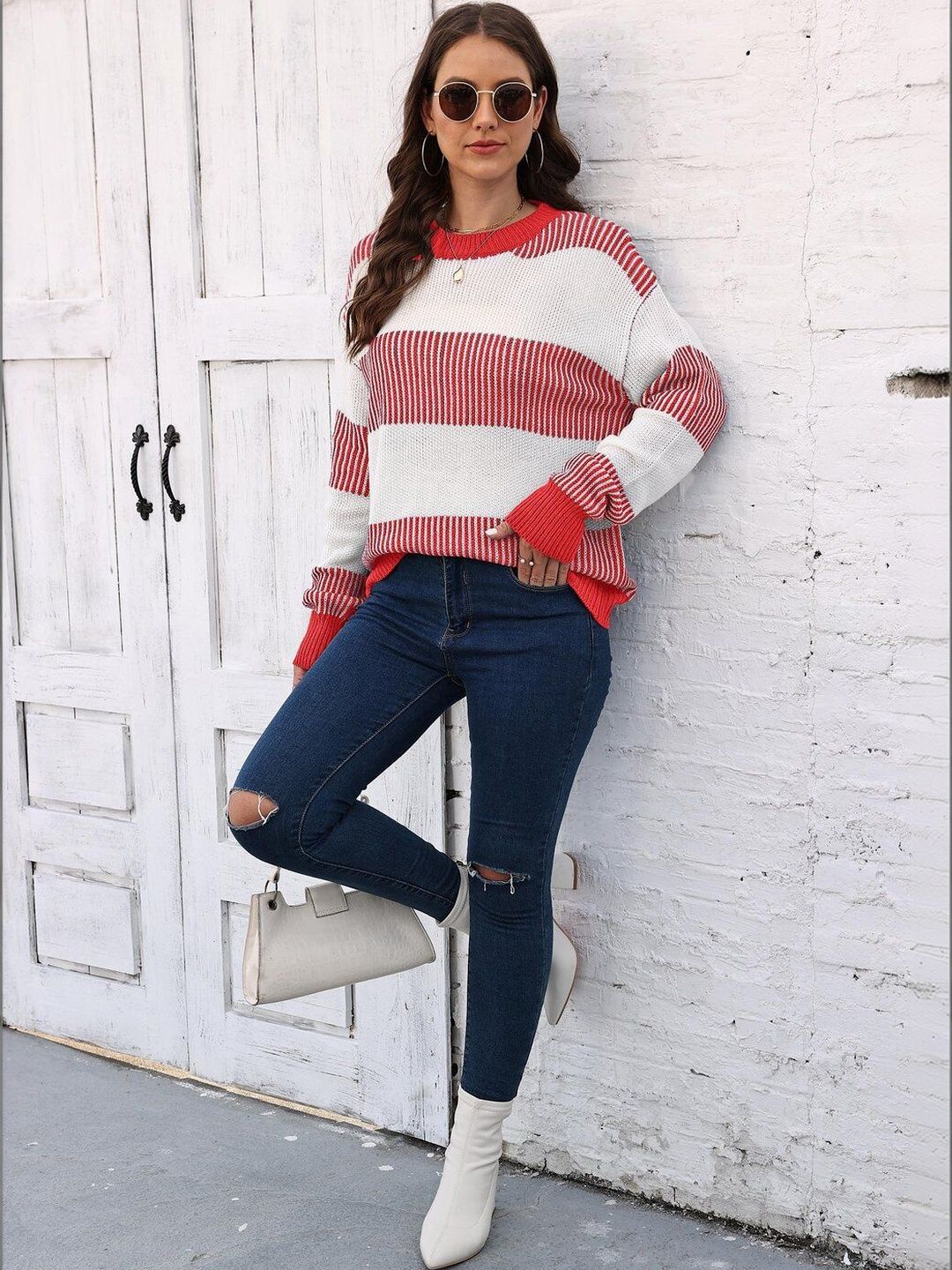 Striped Pullover in Red acrylic - Nowi Korean Fashion