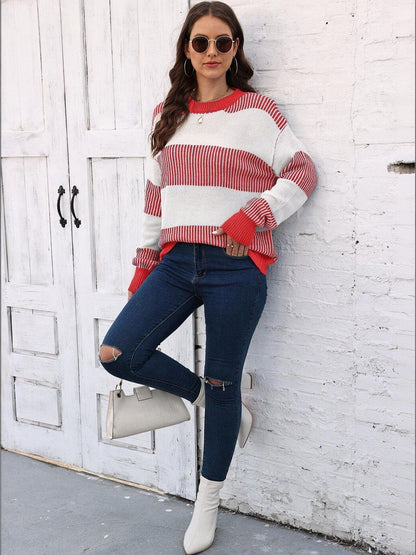Striped Pullover in Red acrylic - Nowi Korean Fashion