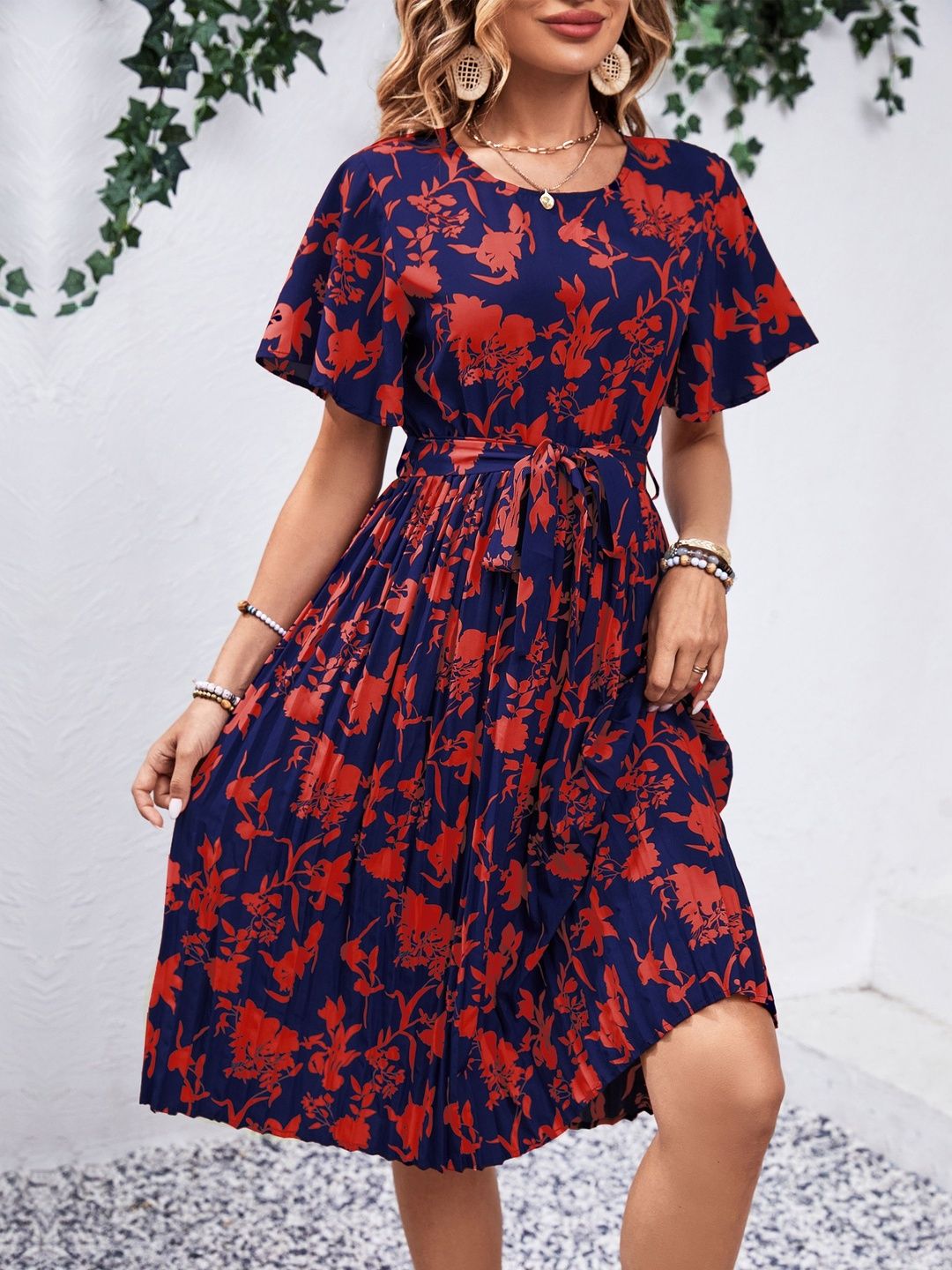 Floral Print Flutter Sleeve Fit & Flare Midi Dress
