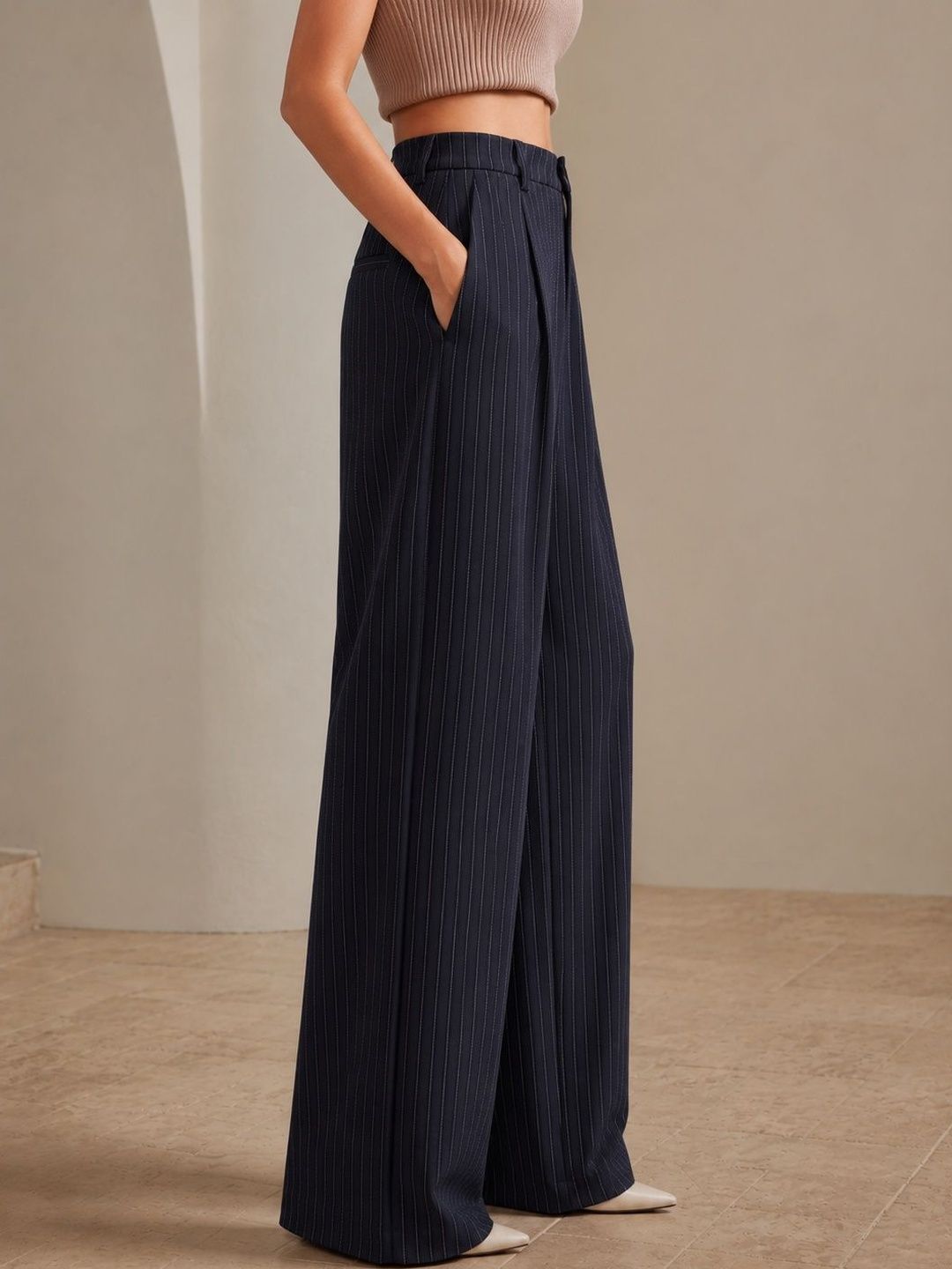 Women Striped Relaxed High-Rise Easy Wash Pleated Trousers