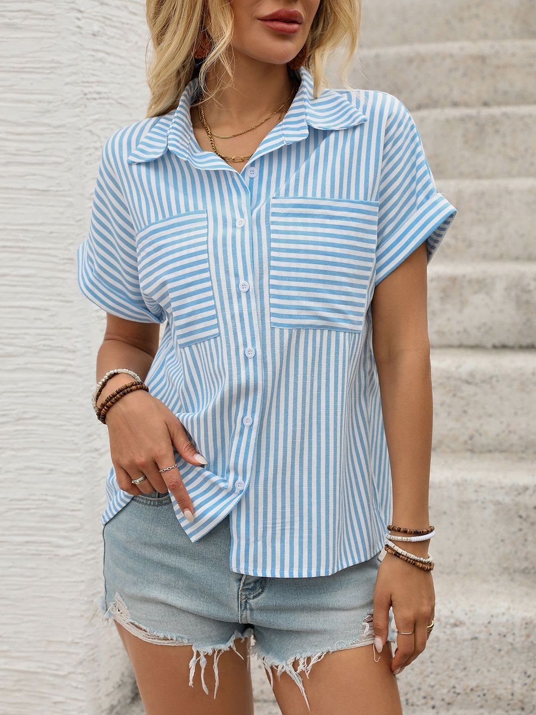 Striped Casual Shirt in Blue Cotton Style 277 - Nowi Korean Fashion