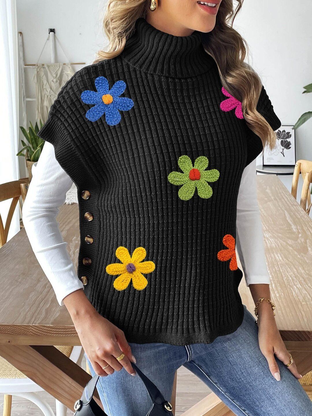 Women Colourblocked Ribbed Pullover with Applique Detail