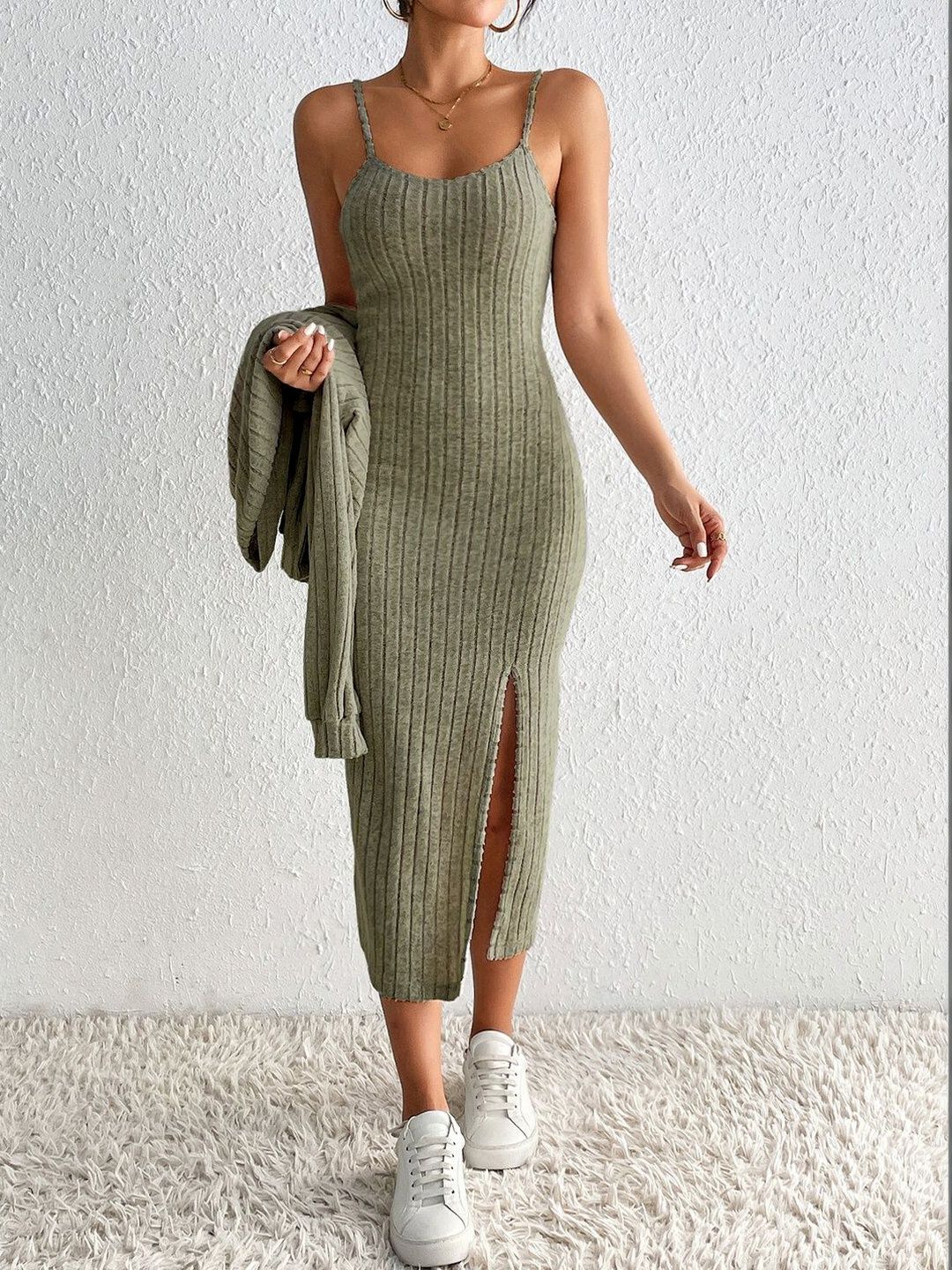Olive Green Striped Co-ords with Sweater and Skirt