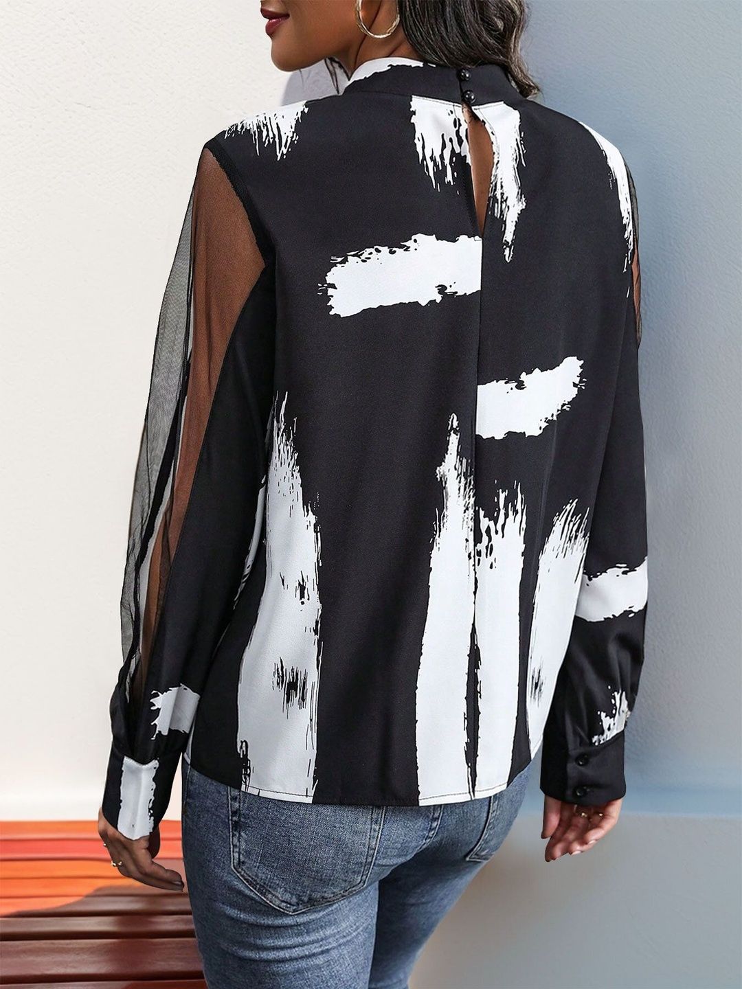 Women's Black Print Cold-Shoulder Top
